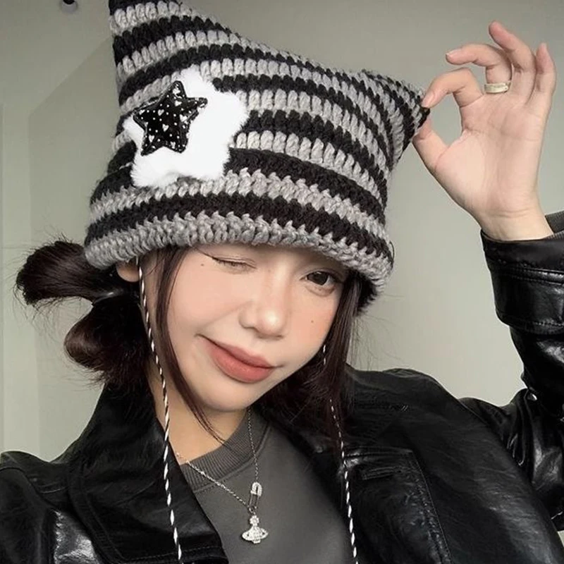 Cute Fashion Autumn Winter Cat Ears Hats For Women Girls Punk Striped Thickened Warm Cap Hairball Pendent Cold-proof Hat Gifts