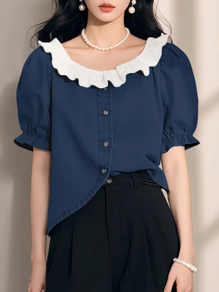 بلوزة نسائية من ZANZEA قمصان مكتب صيفية أنيقة بأكمام قصيرة منتفخة قميص عمل OL بحاشية غير منتظمة بلوزات مرقعة تونك نسائية #3