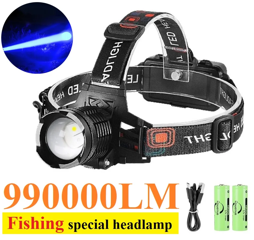

Paweinuo Powerful Blue LED Headlamp 18650 USB Rechargeable Head Flashlight 4 Modes Waterproof Zoom High Lumen Fishing Head Torch