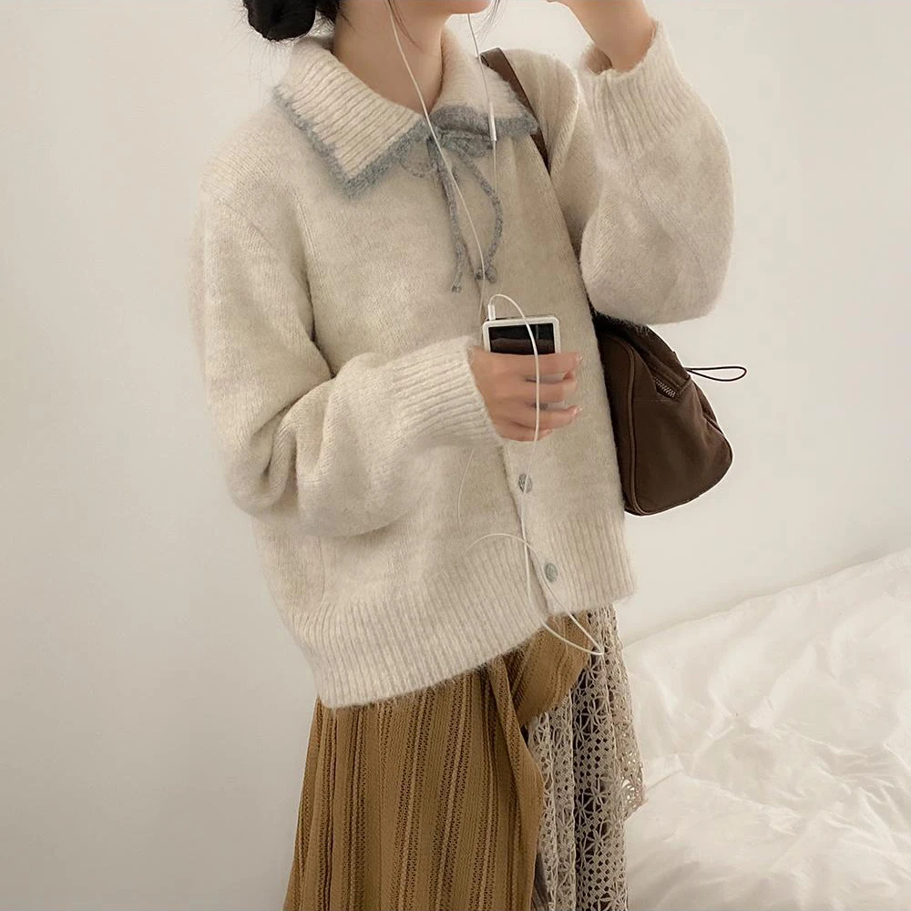 

Женский вязаный свитер с мягким узлом, осенне-зимний цвет, блузка, открытый кардиган на пуговицах, топ