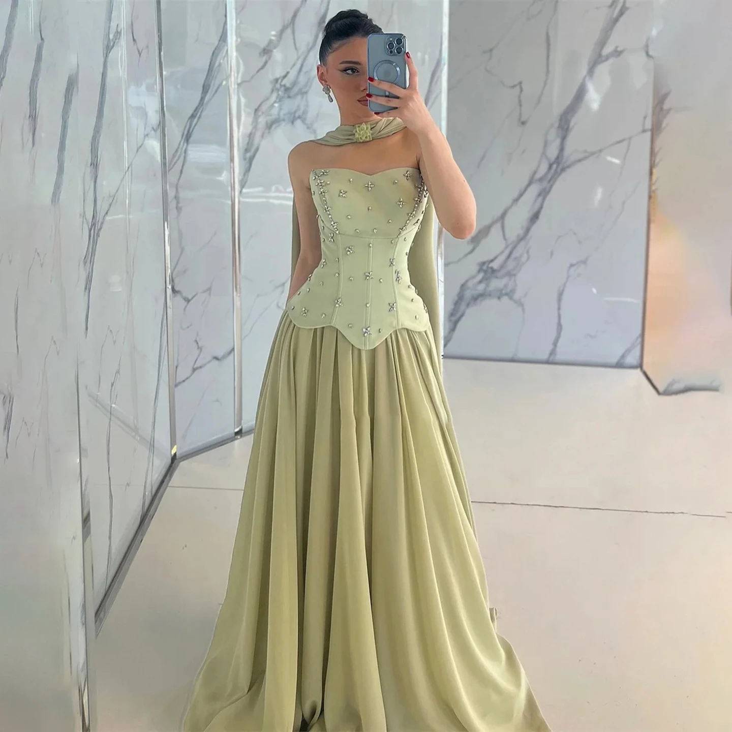 

Light Green Strapless Evening Dress Woman Corset Top with Crystal Beads Prom Dress Floor Length Puffy Party Dress Elegant Gowns