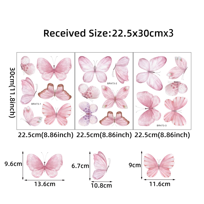 3Pcs Cartoon Pink Butterfly Wall Stickers for Kids Room Bedroom Nursery Home Decoration Wall Decals