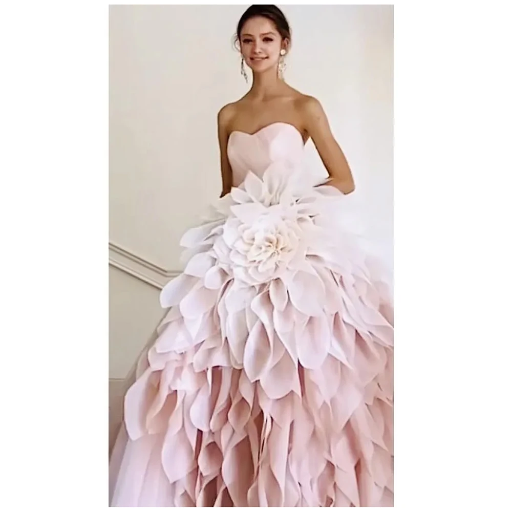 Pink Organza Sweetheart Flowers Evening Dress Formal Occasion Ball Gown Chapel Train Elegant Women Luxury Wedding Dresses 2024