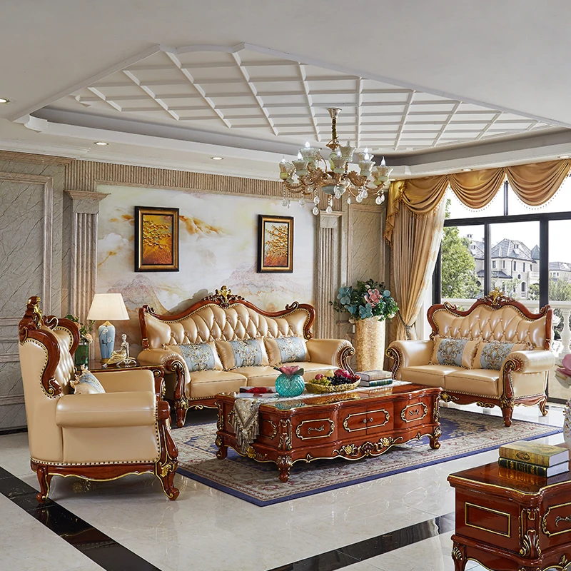 European style genuine leather sofa, solid wood carving, full decoration, top layer, cowhide sized villa