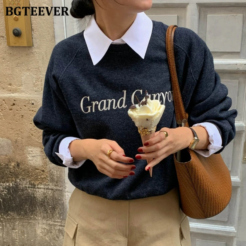 BGTEEVER Casual Long Sleeve Women Pullovers Sweatshirts Autumn Winter Fashion O-neck Loose Female Letter Embroidery Printed Tops