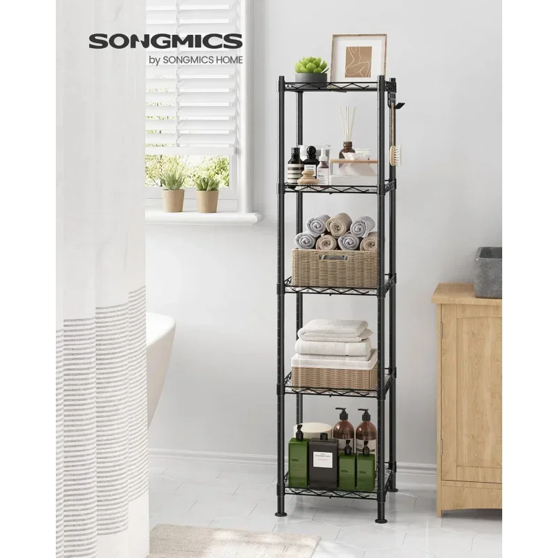 SONGMICS 5-Tier Bathroom Shelf, Storage Rack for Small Space, with 5 PP Shelf Liners, Removable Hook, Extendable Design,