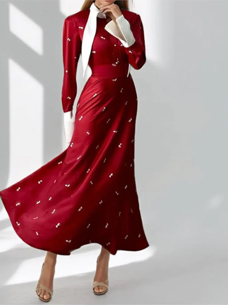 

Women's Clothing New Temperament Elegant Fashion Printed Dress Spring Autumn Lapel Large Swing High-waisted Long-sleeved Dresses