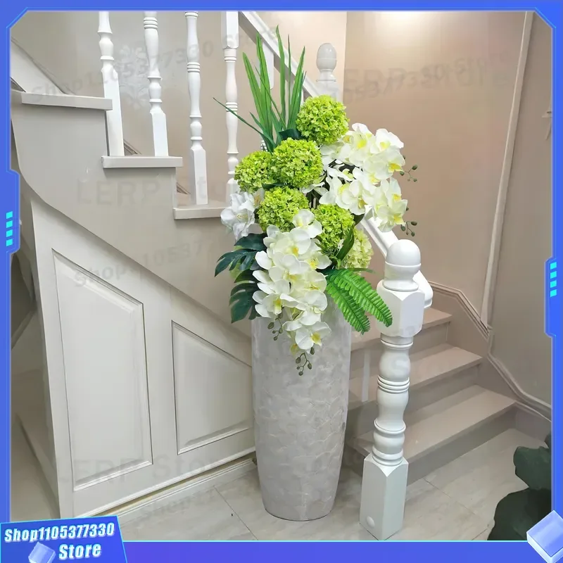 Large Floor Standing Artificial Flower Arrangement for Hotel Lobby Staircase Corner Decor Simulated Vase with Fake Blooms for