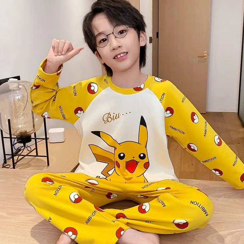 漫画の男の子用ピカチュウプリントパジャマセット、子供用ポケモンラグランスリーブ2ピース寝間着、ソフトコットンラウンジウェアクレヨンしんちゃん