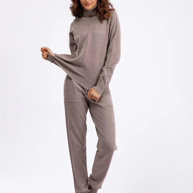 Setelan Rajut Modis Dua Potong Warna Polos Kasual untuk Musim Gugur dan Musim Dingin, Pakaian Wanita yang Nyaman