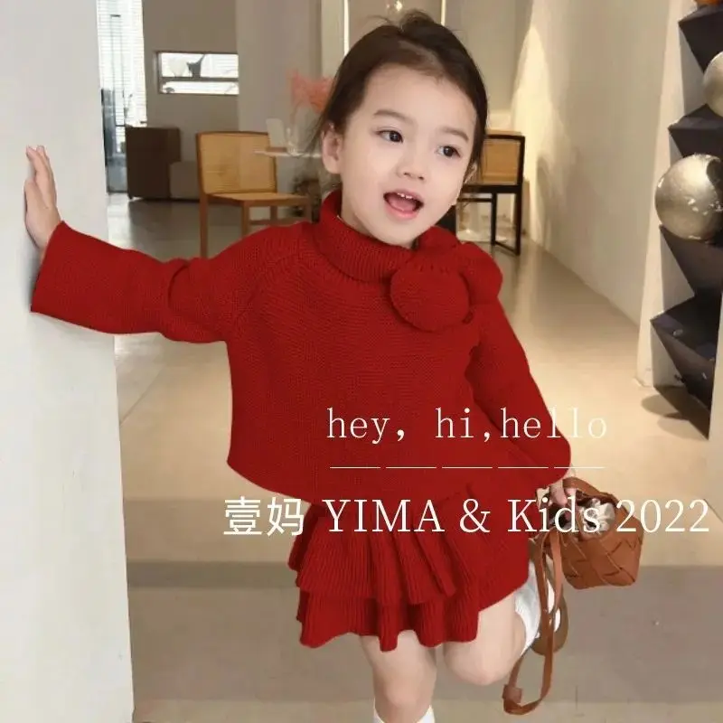 Kids Clothes Girls Pullover Bowknot Top Retro knitting Elegant Pleated Skirt Two Piece Set Girls Sweater Fashion Spring Autumn