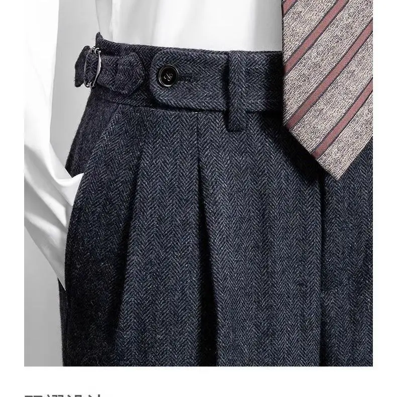 Woolen Men's Plus-size Trousers Spring Herringbone Pattern Formal Pants Men Loose Casual Rolled Hems Vestido Social Tweed