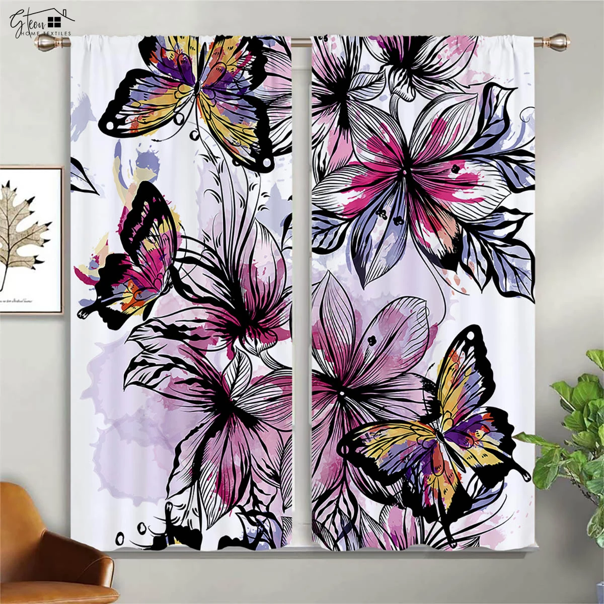 

Butterfly Dragonfly Flower 3D Printing Curtain Tulip Hydrangea Violet Fresh And Natural High Quality Blackout Curtain 2PCS