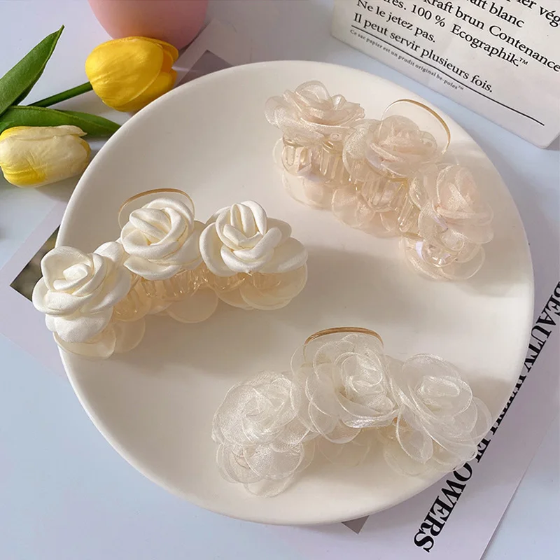 Woman Hairpin Mesh Flower Elegant Hair Claw Clips Girls Sweet Crab Hair Clip Large Hair Accessories Non-Slip Headdress Female