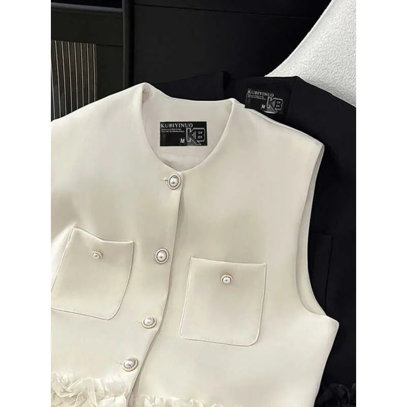 Ladies Vest Small Fragrance Stitching Hem Lace Vest Spring Autumn 2024 New Niche Design Sense Vest Comfortable Casual Joker Coat