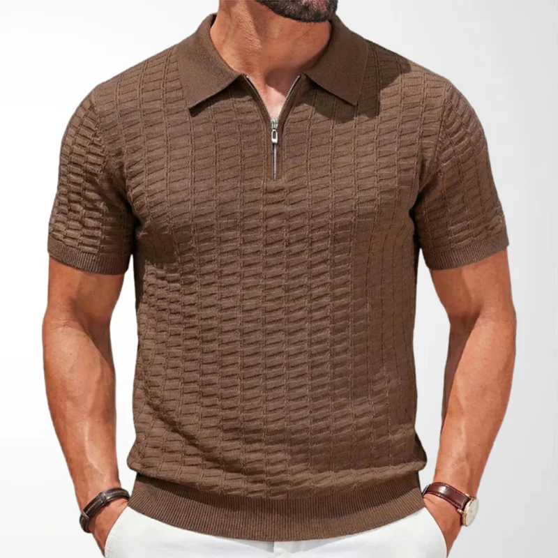 

Summer Male Daily Slim Fit Zipper Neck Short Sleeve Polo Shirts Men's Casual Solid Color Lapel Collar Knitting Pullover Tops