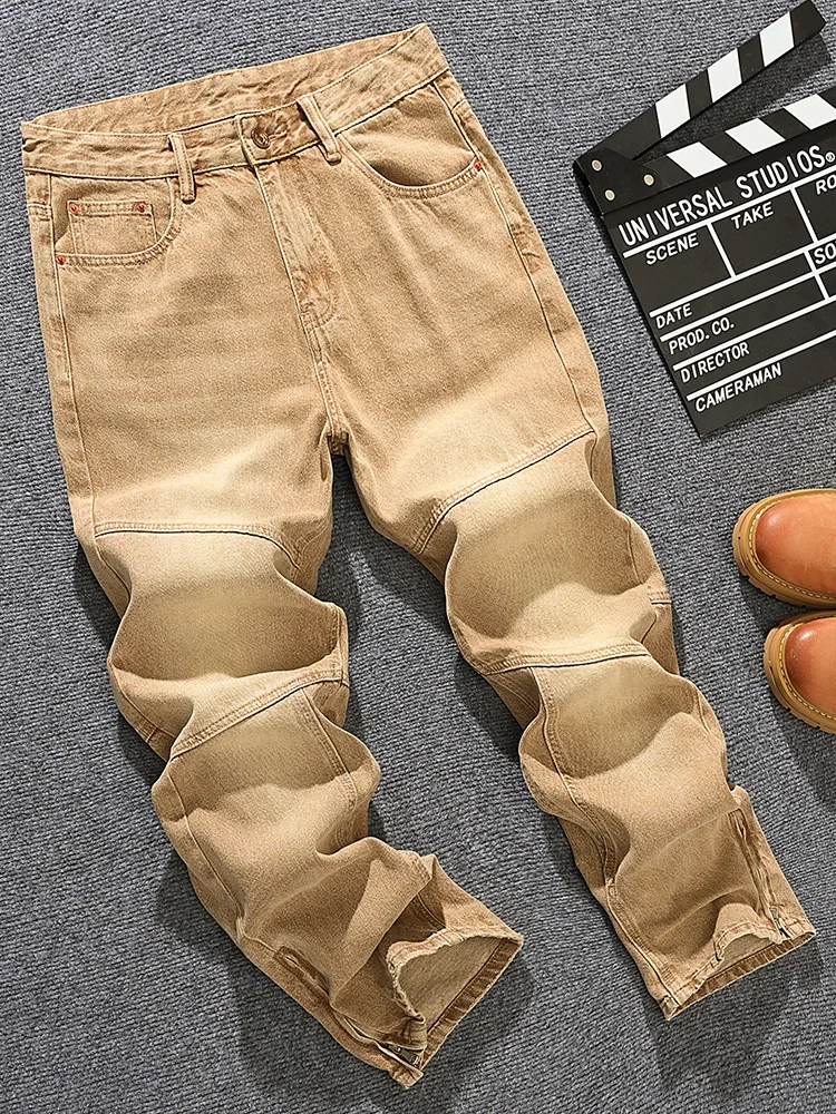

Retro khaki jeans men's loose straight leg trendy street high-end men's clothing fashionable wide leg pants