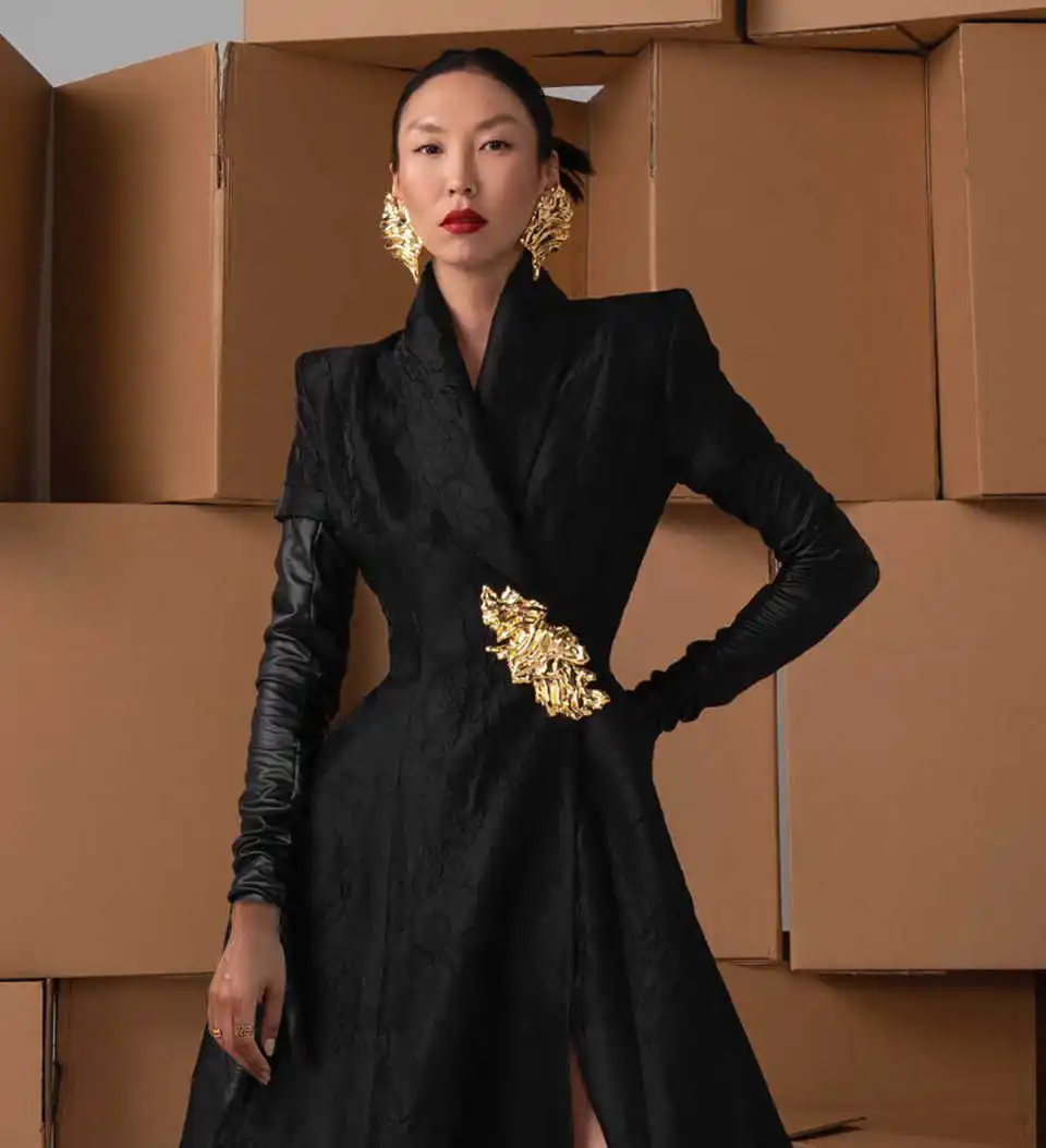 Elegant Women Long Blazer Floral Jacquard Tuxedos Shawl Lapel Lady Slim Fit Floor Length Coat Custom Made Only Jacket