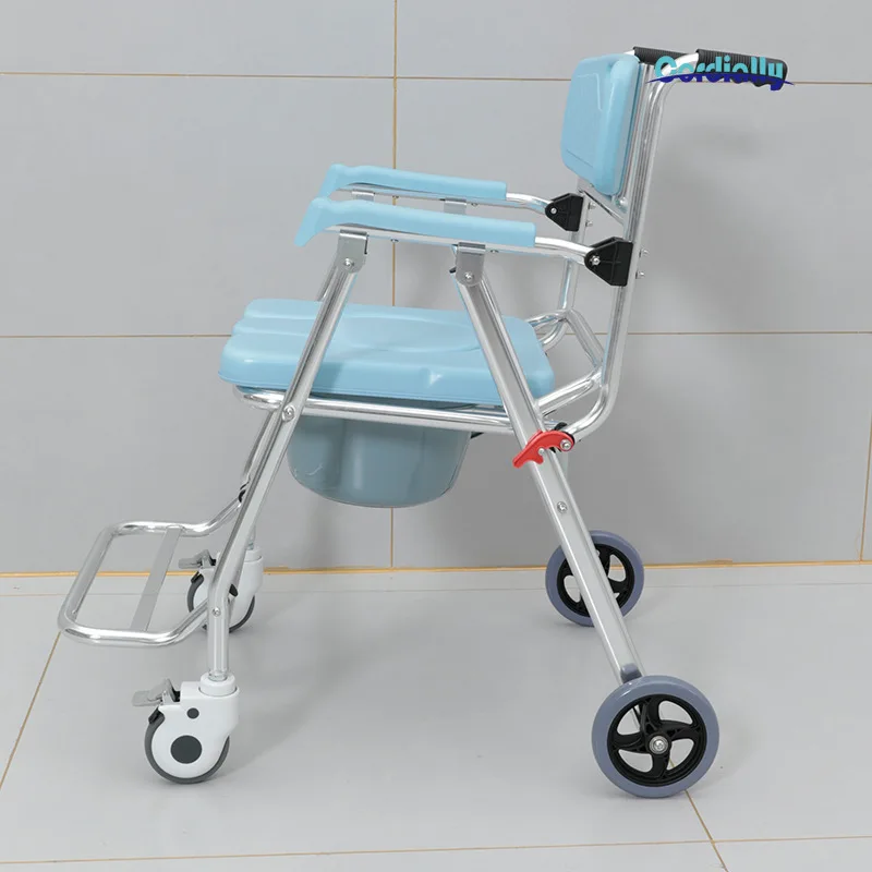 Aluminum Alloy Folding Shower Commode Chair with Wheels Elderly Toilet Seat Bath Bench for Bedside Mobility Assistance