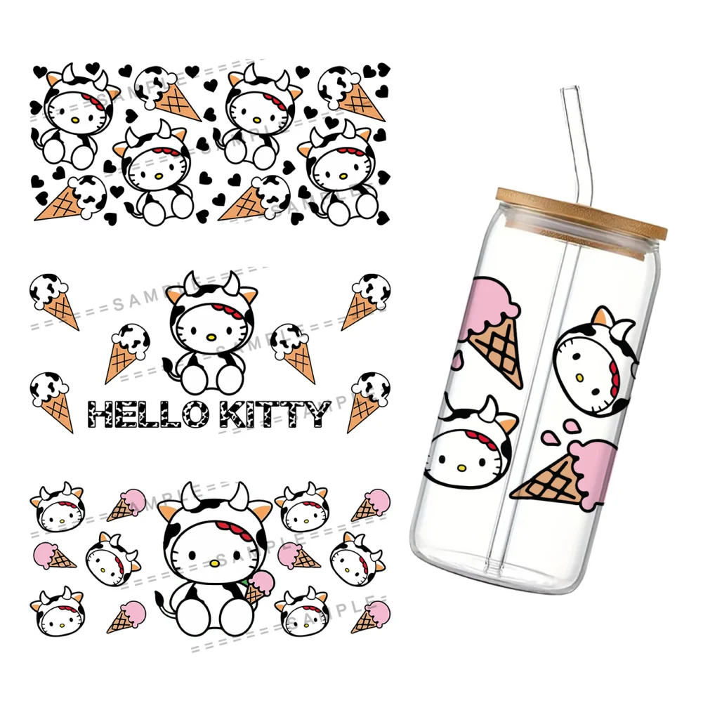 11x24cm Cute Milk Cow Hello Cat Sanr UV DTF Wraps Sticker DIY For 16oz Glass Cup Waterproof Decals Phone Case Girls Sticker