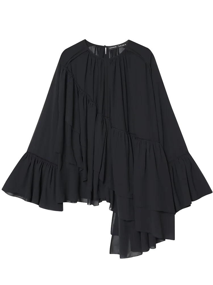 เสื้อผู้หญิงลำลอง 2025 เสื้อแฟชั่นผู้หญิงฤดูใบไม้ร่วง สีพื้น แขนยาว ชายเสื้อไม่สมมาตร ทรงระบาย  เสื้อผู้หญิงสไตล์ไฮสตรีททรงหลวม