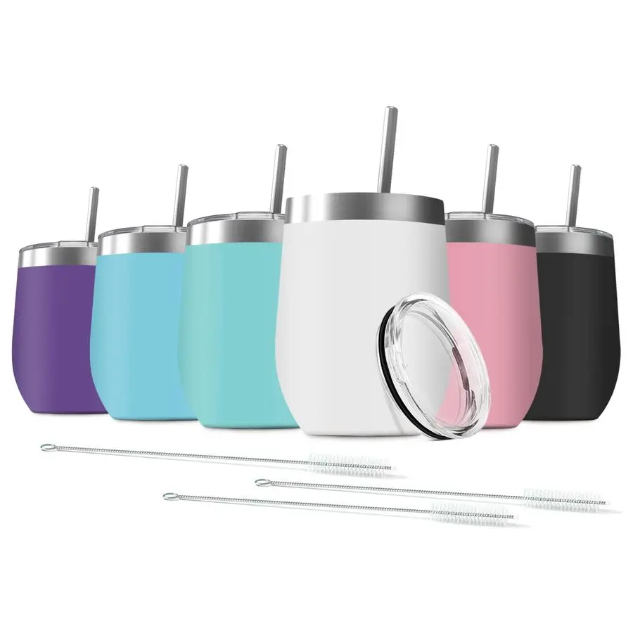 

6 Pack 12 oz Stainless Steel Wine Tumbler with Lids, Double Wall Vacuum Insulated Travel Cup Including 6 Straws Set for Coffee,