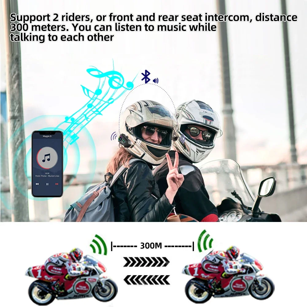 Interfono de música para casco de motocicleta, intercomunicador con Bluetooth 5,3, impermeable, 300m, reproducción de música y llamadas simultáneamente, 1/2x