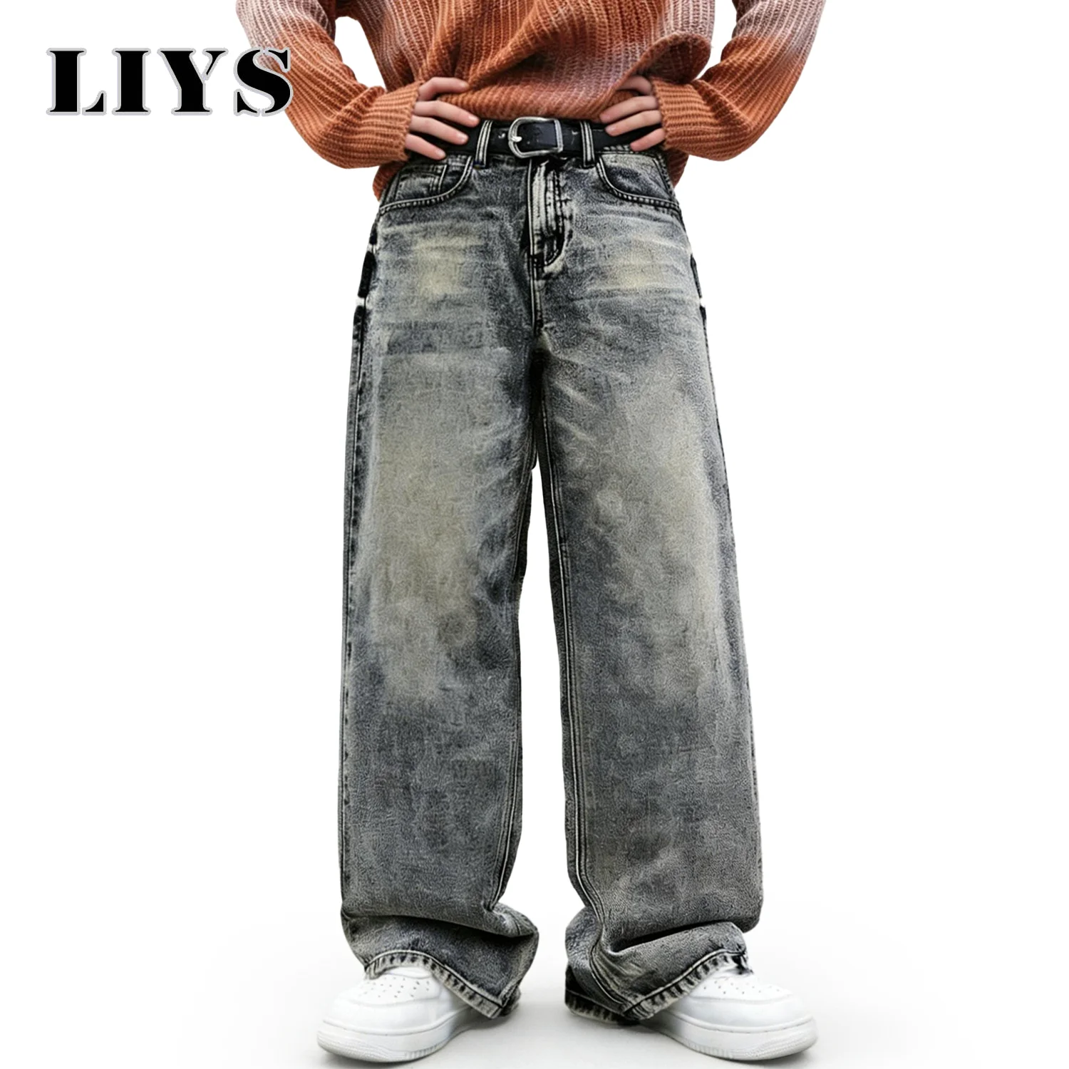 Calças Jeans Ultra Largas Estilo Americano Retro com Lavagem Snowflake para Homens e Mulheres, Calças de Denim Unissex