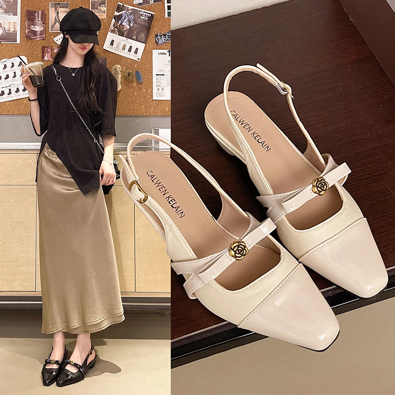 

2026 Sweet Girl Style Camellia One-Strap Open-Back Sandals for Women, Square-Toe, Shallow Mouth, Soft Sole, Retro Elegant Flats
