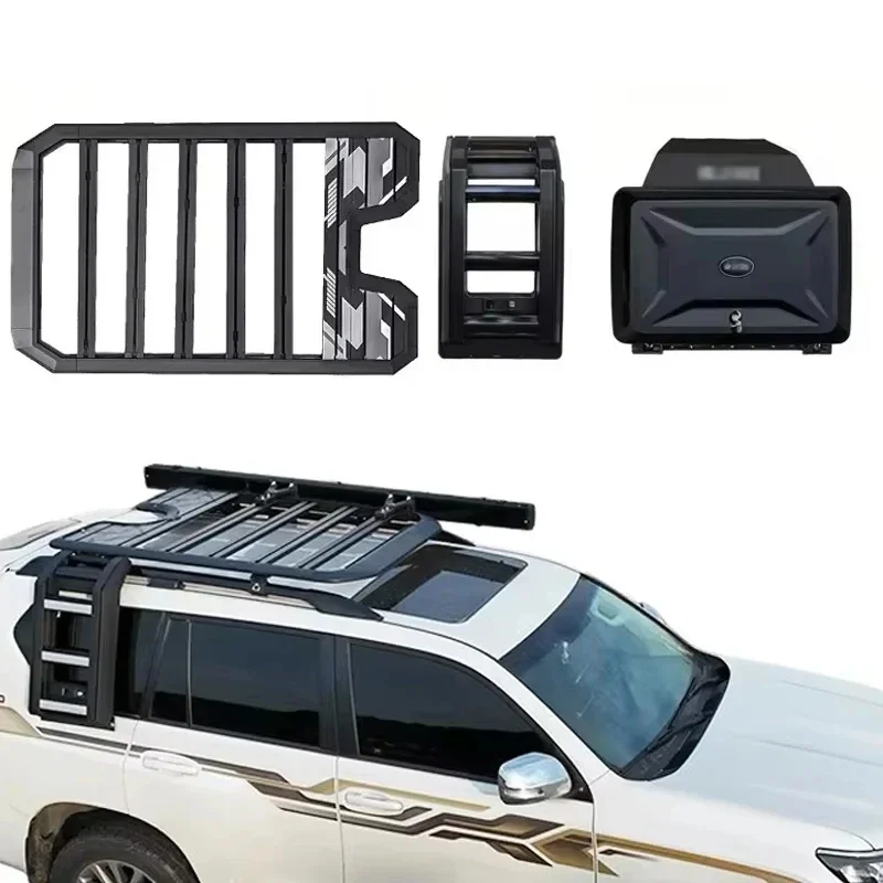KQX High Quality Aluminum Alloy Roof Cargo Rack Basket with Side Ladder & Side Box PRADO LC150 2010-2023