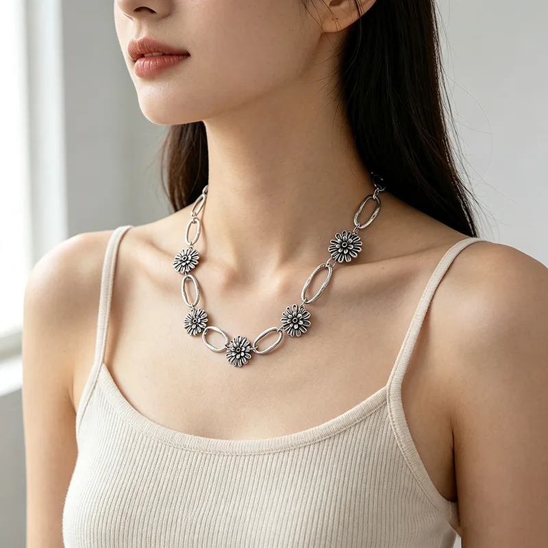 Schöne 1M Silber Farbe Blume Oval Link Kette Erkenntnisse (B14206) – Detail 2