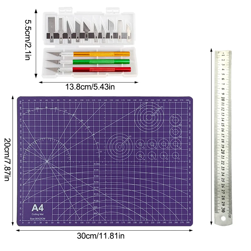 Engraving tool set, purple A4 cutting mat, thick and double-sided, durable box-packed utility knife for precise engraving, 30cm ruler, suitable for scrapbooking, paper crafts, DIY hand tools, holiday decoration supplie