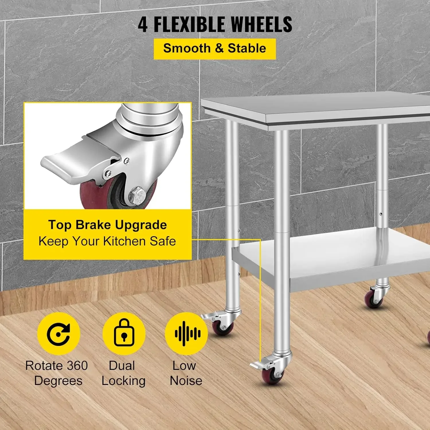 Stainless Steel Work Table with Wheels 24 x 30 x 32 Inch Prep Table with 4 Casters Heavy Duty Work Table for Commercial Kitchen