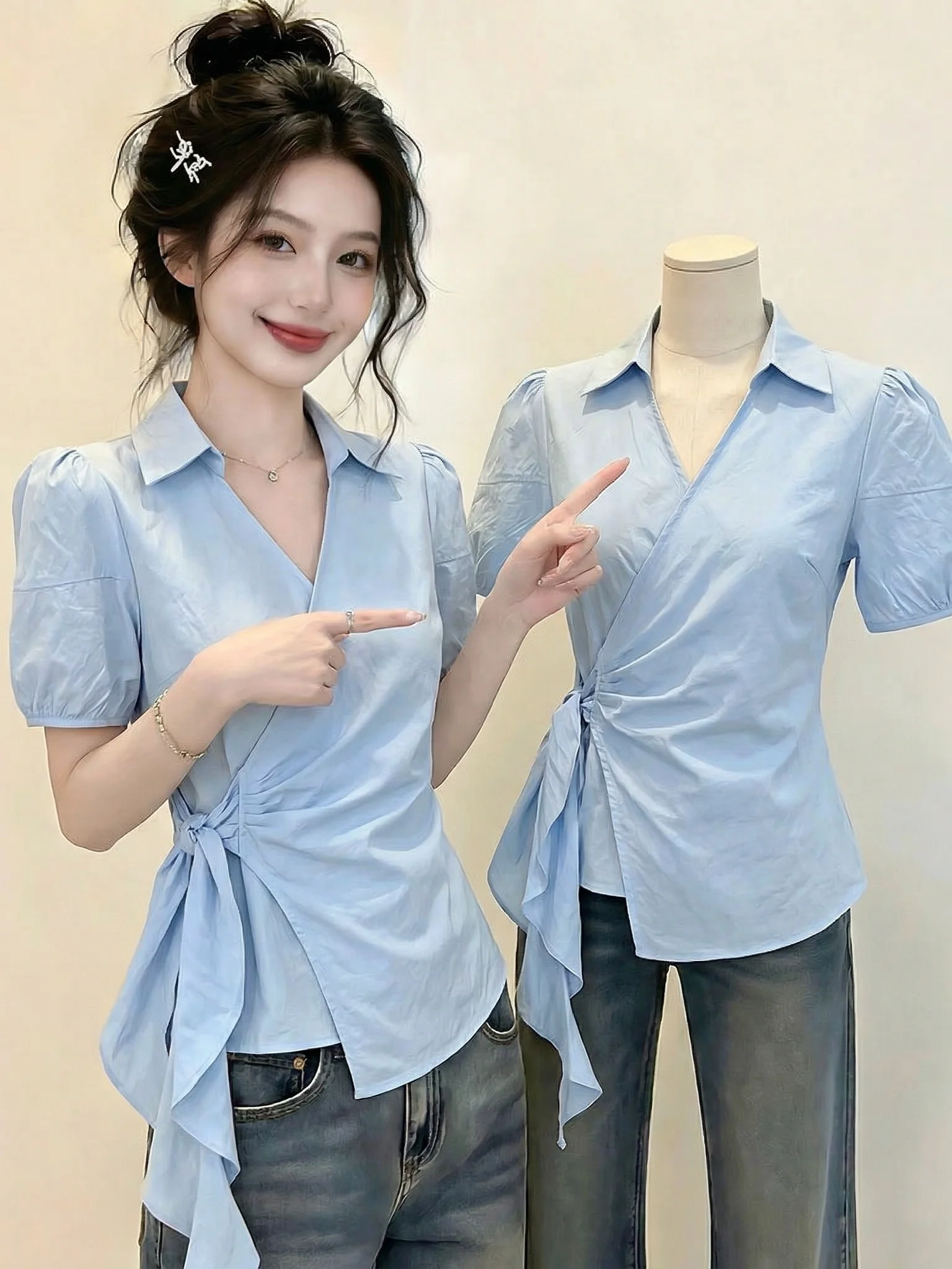 

Light Blue V-neck Short Sleeve Shirt Women's Summer New Style Waist-cinching Top Korean Style Commute Wind Loose Fit Shirt