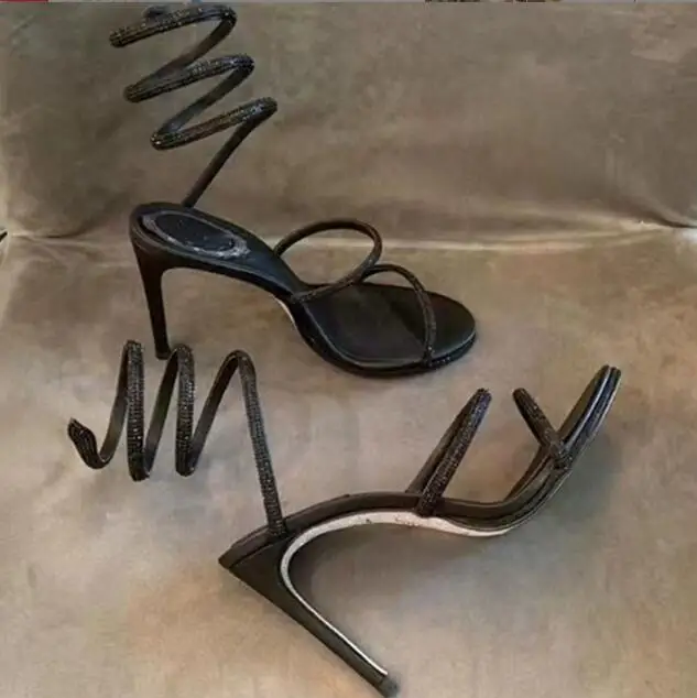Ink green blue Rhinestone snake-like Strap twined Sandals 8/10 cm High heels Woman Summer Cutout Crystal Wedding Shoes view 2