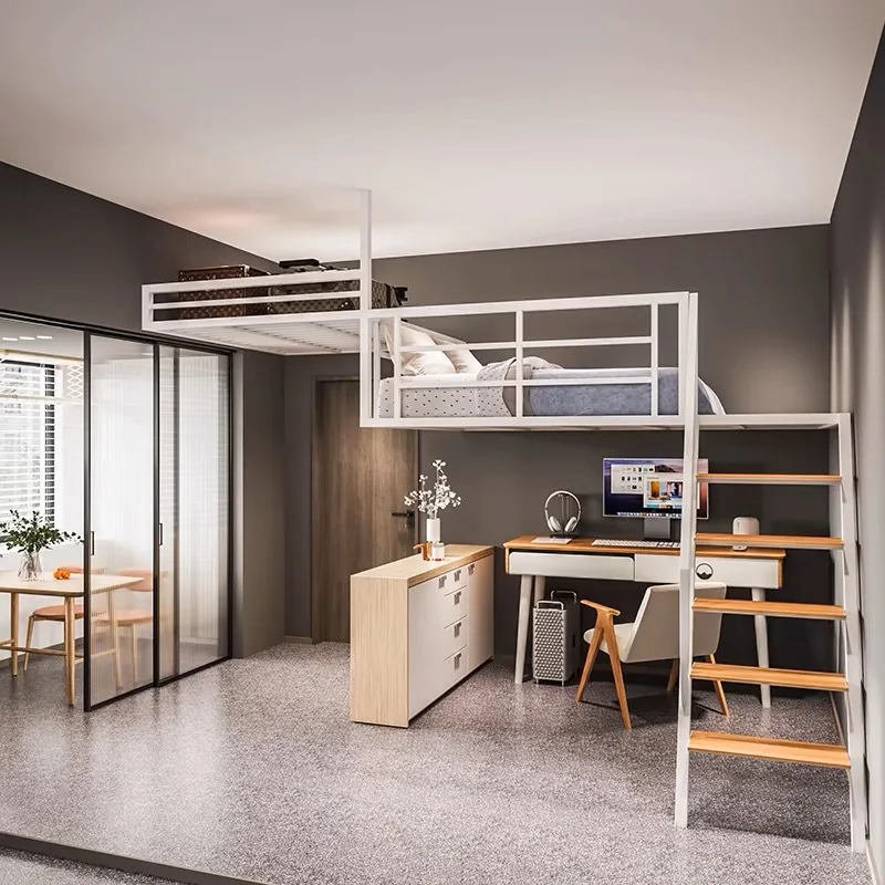 

Wrought iron loft bed shop compartment apartment duplex two-story elevated bed wall-mounted dormitory wrought iron elevated bed