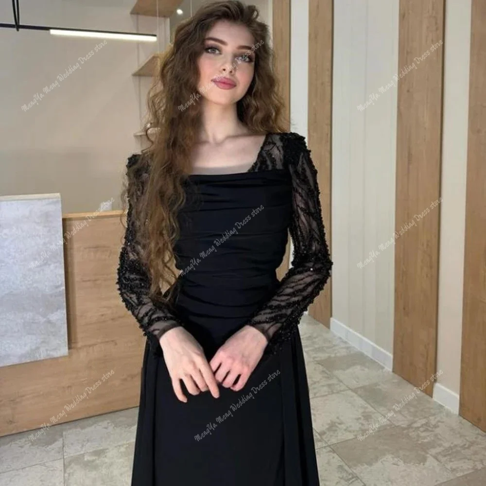 Luxo quadrado pescoço preto renda vestido de noite mangas compridas vestido de festa com zíper voltar destacável uma linha trem vestido de baile personalizado