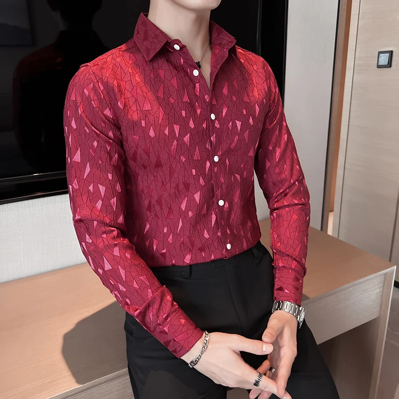 2024 Spring Personalized Jacquard Shirt for Men Slim Fit Casual Social Shirts Korean Long Sleeved Business Banquet Party Shirt