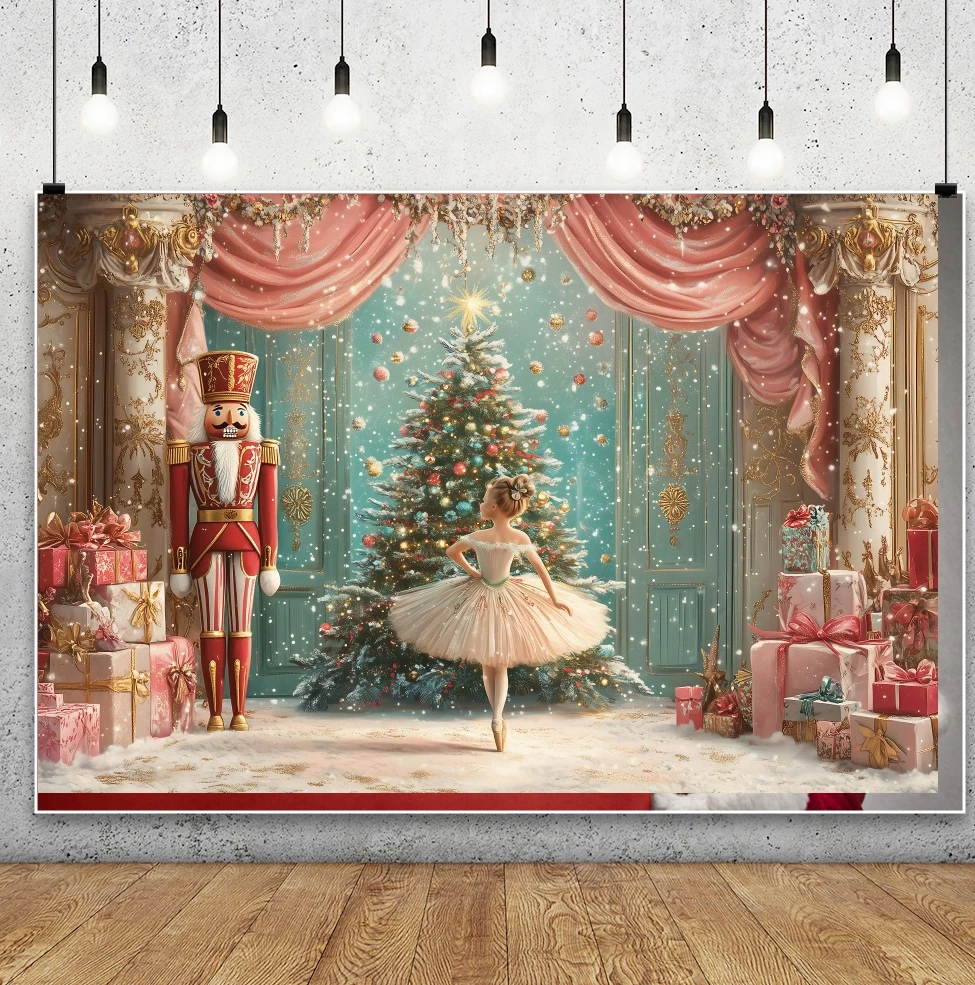 Christmas Ballerina Backdrop Pink Curtains Ornate Decor Soldier Xmas Tree Gift Snowy Festive Personal Portrait Photo Backgrounds