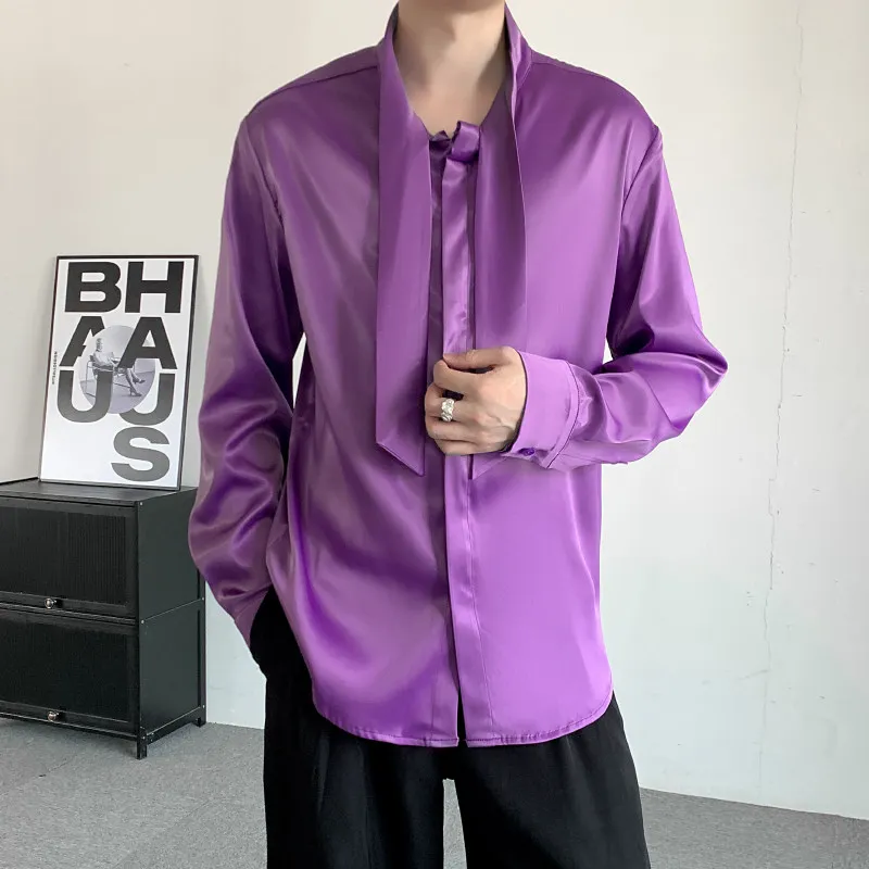 

Silk Satin Drapey Performance irt Purple Autumn Commute Inner Wear Acetate Smooth Stand Fit Long Sve Youthful Sle