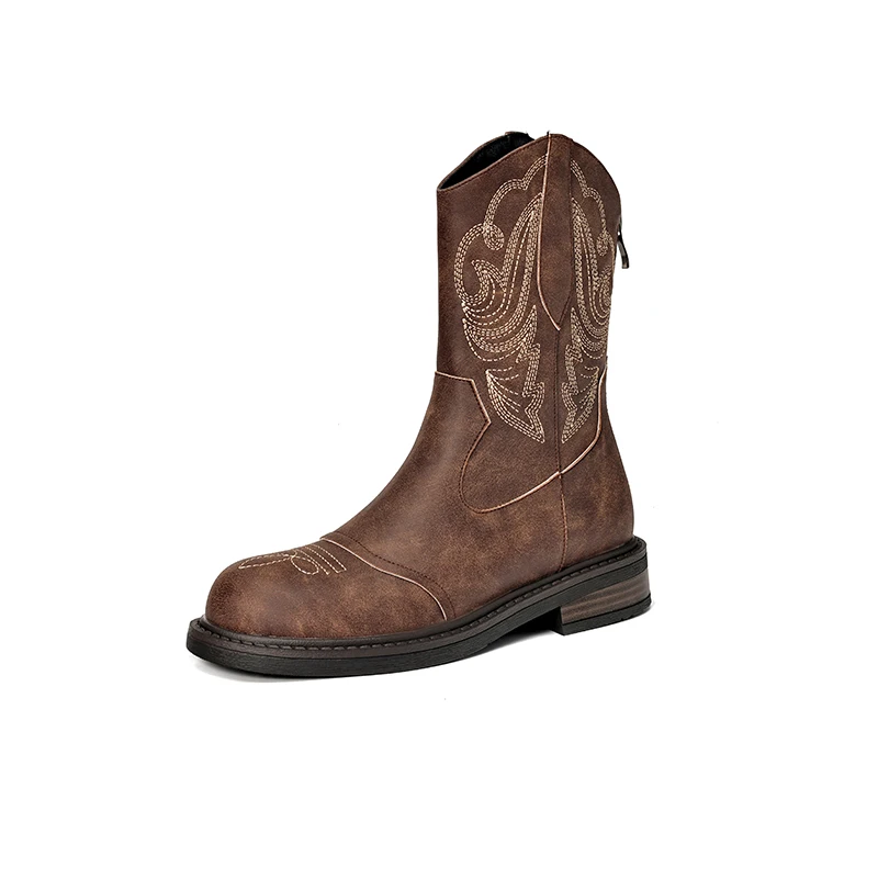 

Women Maillard-style Western Cowboy Boots Embroidery Fall Warm and Retro Brown Heeled Shoes
