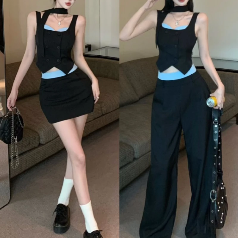 

Vintage Korean Retro High Street Backless Bow Vest + Patchwork mini Skirt + Pants Suit 2 Pieces Sets Y2k Suit