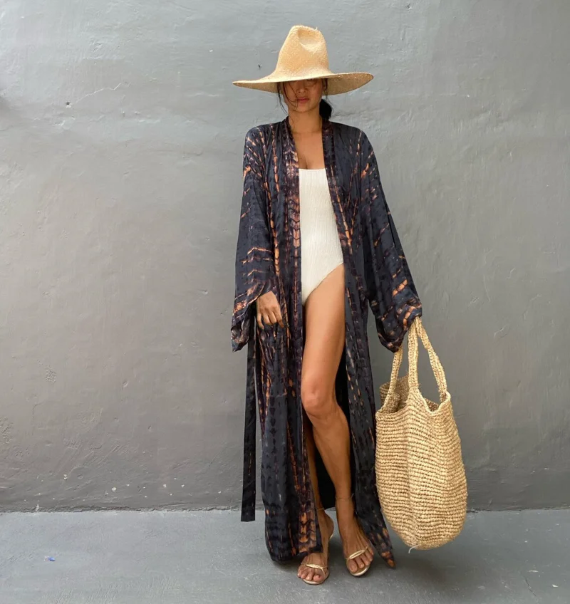 Kimono largo para mujer, teñido anudado elegante con traje de baño, trajes de playa con frente abierto