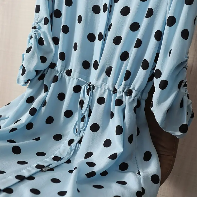 French Polka Dot Versatile Mulberry Silk Dress for Women, High Sense, Medium and Long Skirt, Summer, Green, Temperament