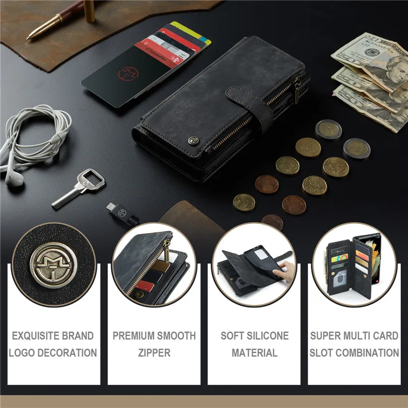 Flip Leather Wallet Card Case For Samsung Galaxy S23 S22 Ultra S21 S20 FE S10 S9 Note 20 10 Plus Zipper Purse Card Phone Cover