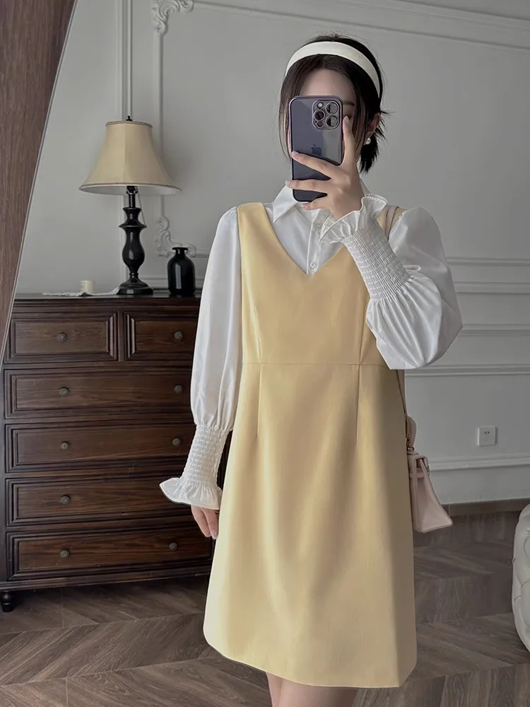 

Нежное женское платье с V-образным вырезом и желтыми бретелями, свободного кроя, однотонное, весенне-осеннее, новинка от Zhang ei