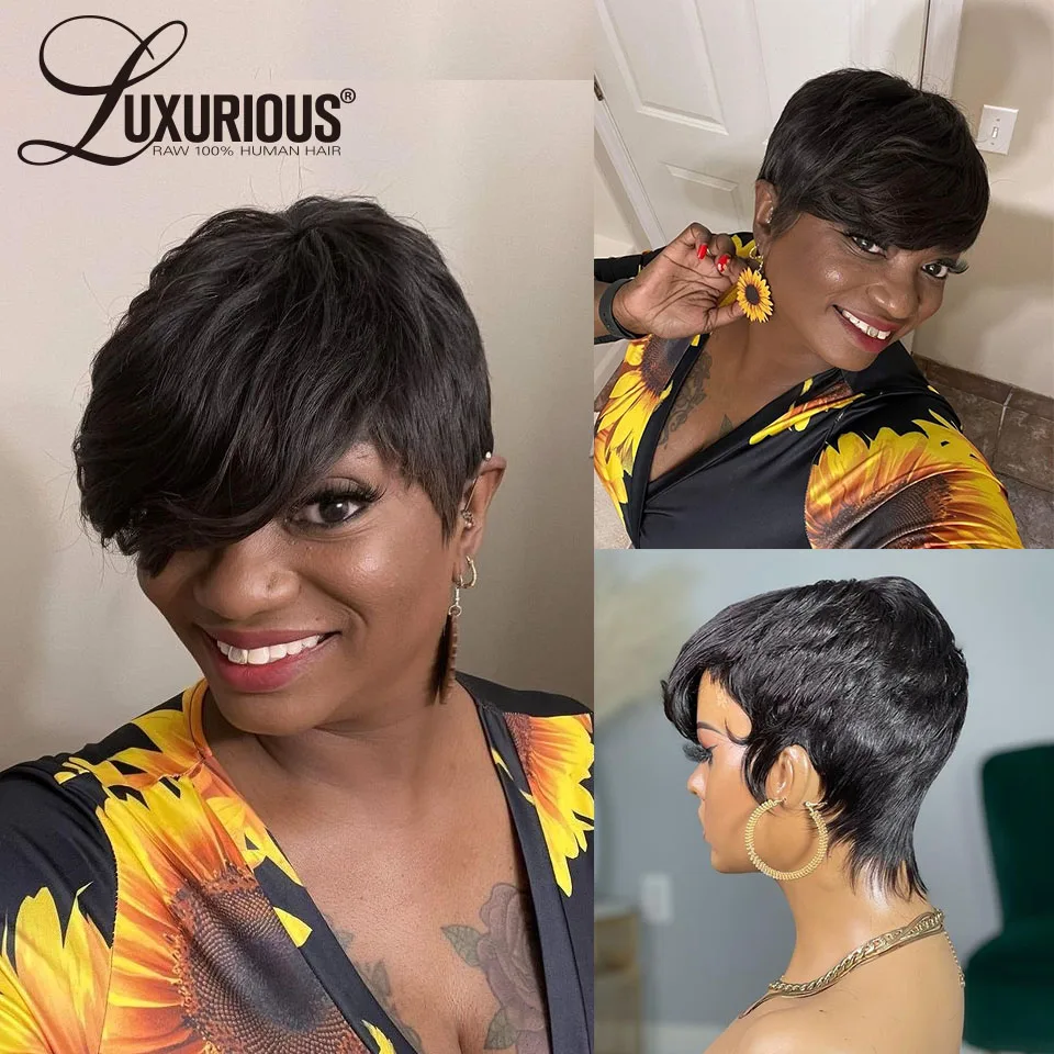 Ombre Brown Pixie Cut Human Hair Wigs With Bang Highlight Burgundy Fully Machine Made Wigs Human Hair Short Bob Wigs For Black