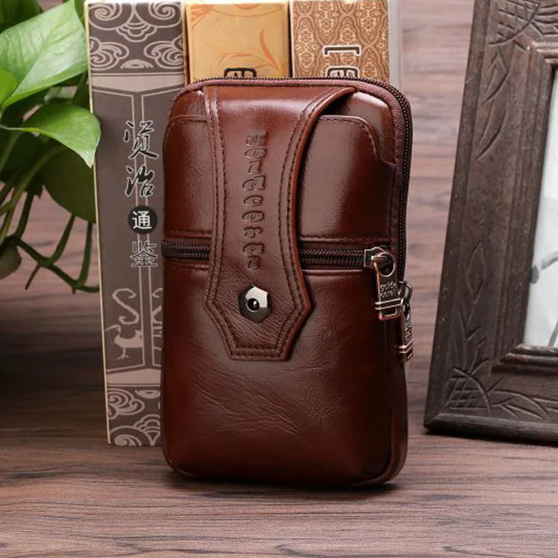 100% Genuine Leather Mobile Cell Phone Case Bag Men Hip Bum Fanny Pack Belt Purse Male Hook Small Messenger Shoulder Waist Bags