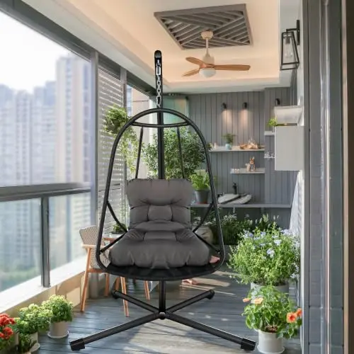 Egg Swing Chair with Cup Holder, C-Type Bracket Hanging Pod Chair for Porch Backyard, Foldable Recliner, Black Brown, Customized