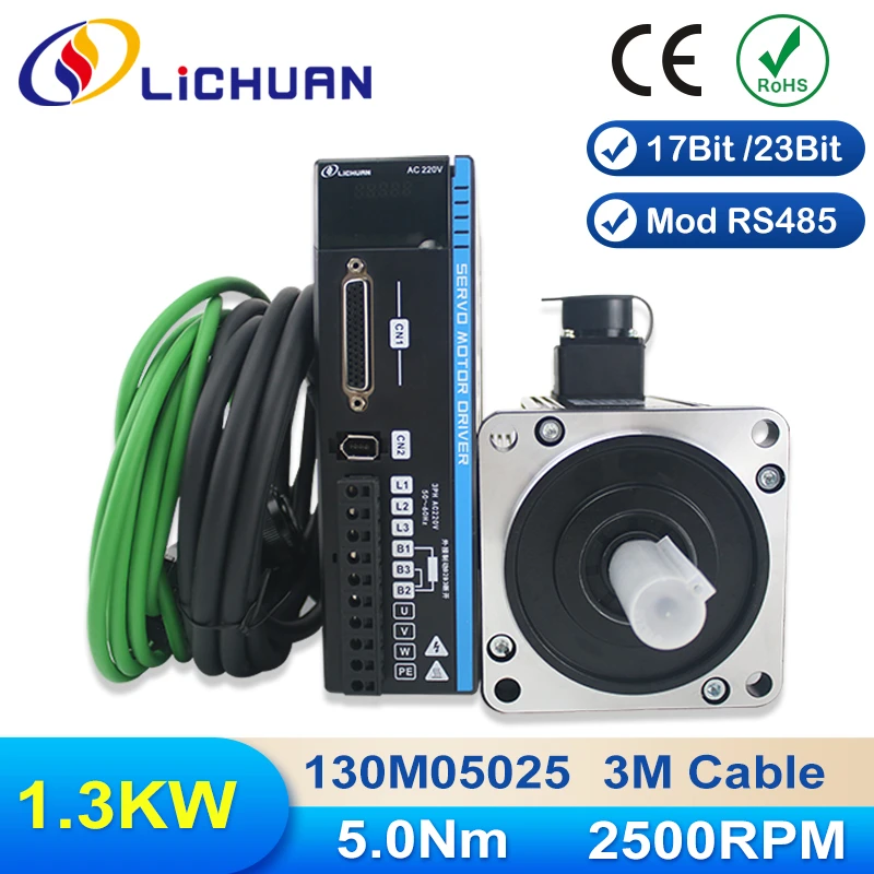 

Lichuan 130mm 1.3KW AC Servo motor driver 5Nm 2500rpm, 17 bit incremental with 3meter cable, RS485 and Pulse